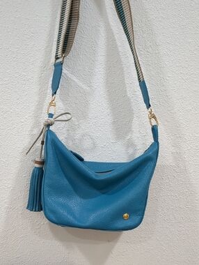 IMPORTED Teal-Blue Genuine Leather Crossbody Bag with Tassel Strap